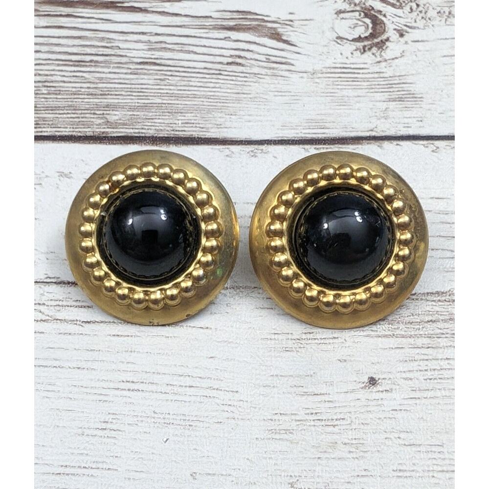 Vintage Clip On Earrings Large Black & Brassy Gold Tone Just Under 1"